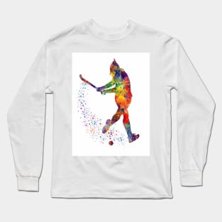 Girl Field Hockey Player Watercolor Sport Long Sleeve T-Shirt